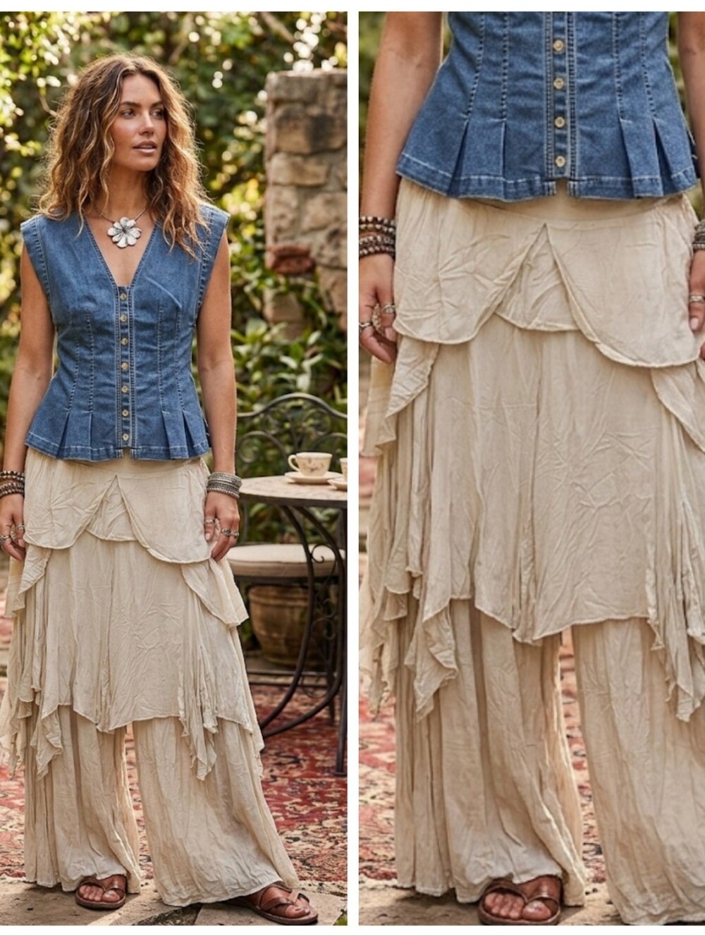Women's Cream Cascading Ruffle Wide-Leg Pants